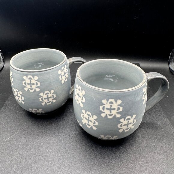 Set Of 2 Oversized 20oz Baum Brothers Phara Gray Stoneware Boho Pot Belly Mugs - Picture 9 of 9